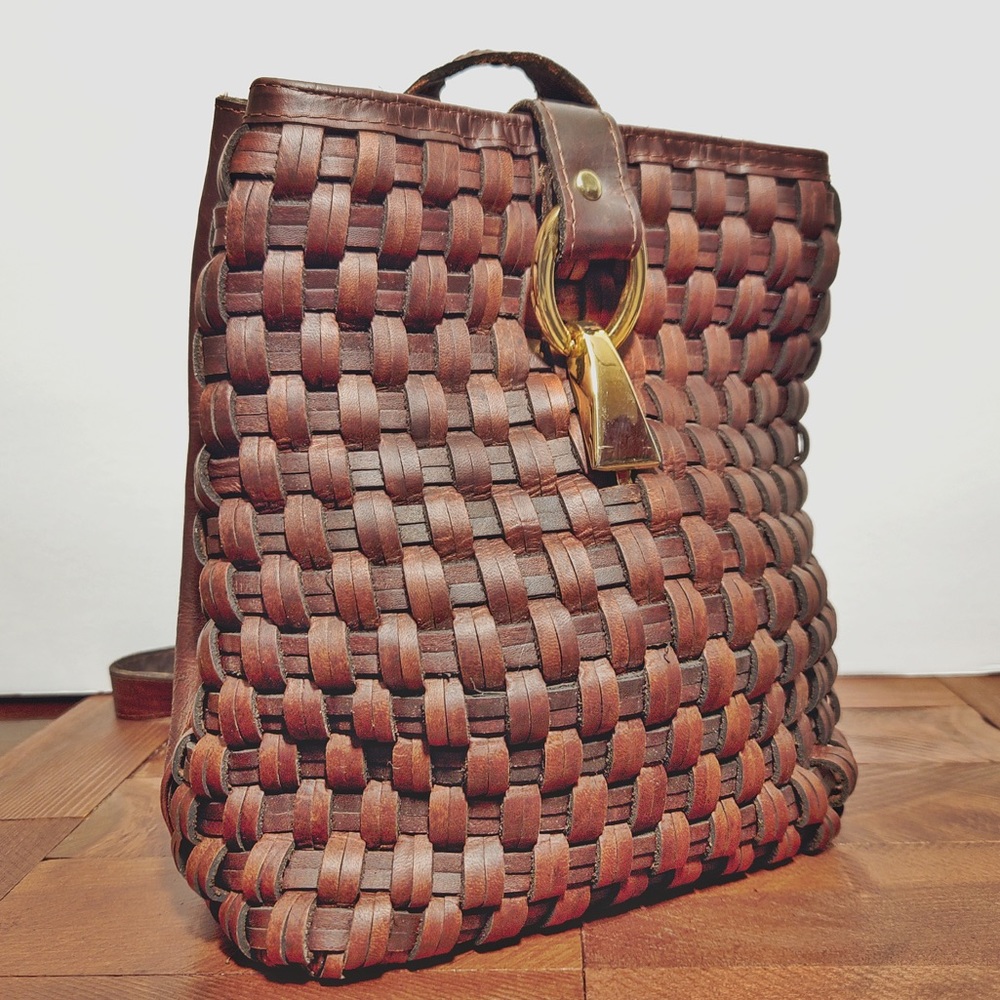 Handcrafted Genuine Cognac Brown Leather Basketweave Design Sling Shoulder Bag